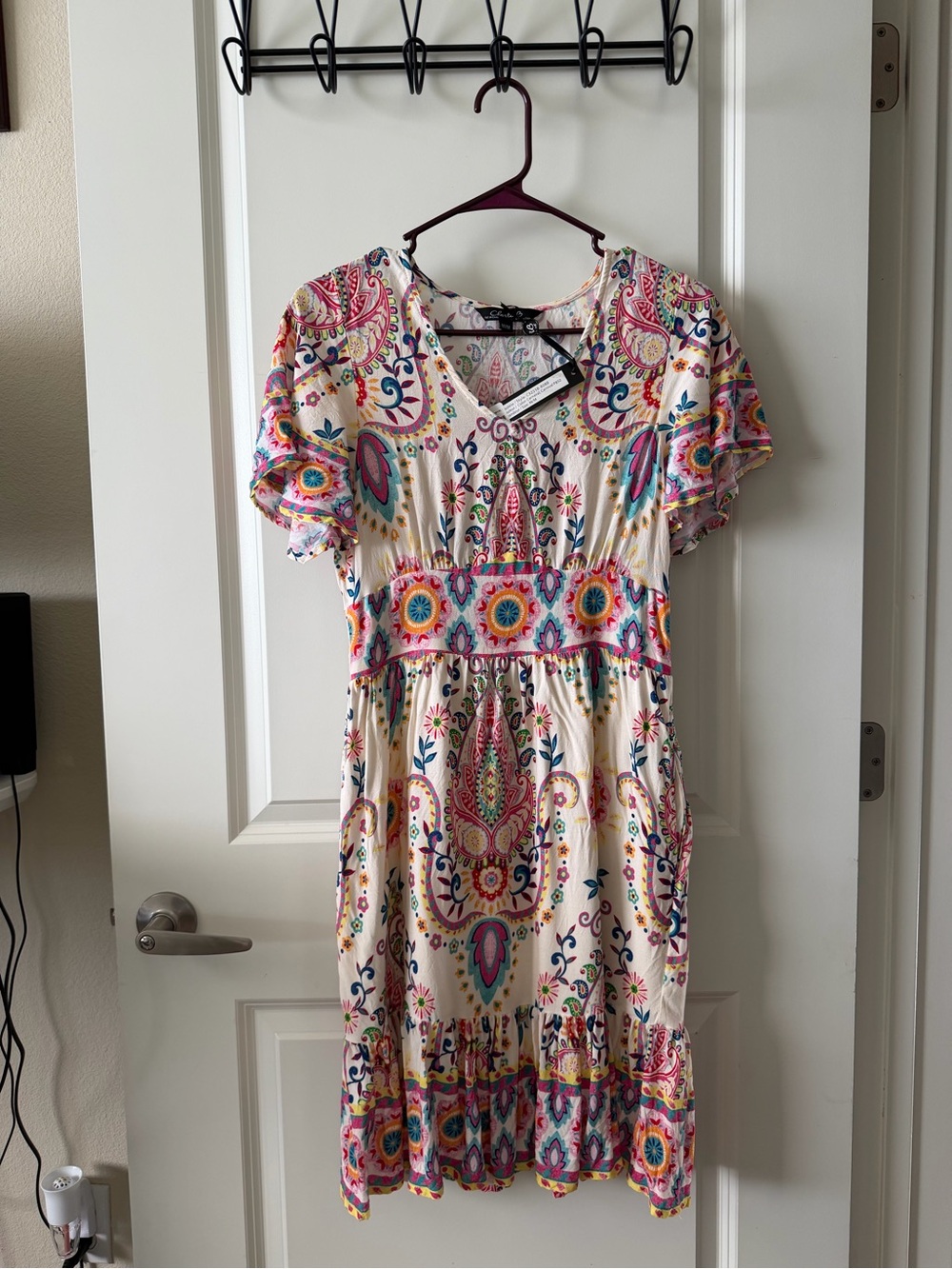 CHARLIE B Cream Midi Dress with Multicolor Paisley & Floral Print